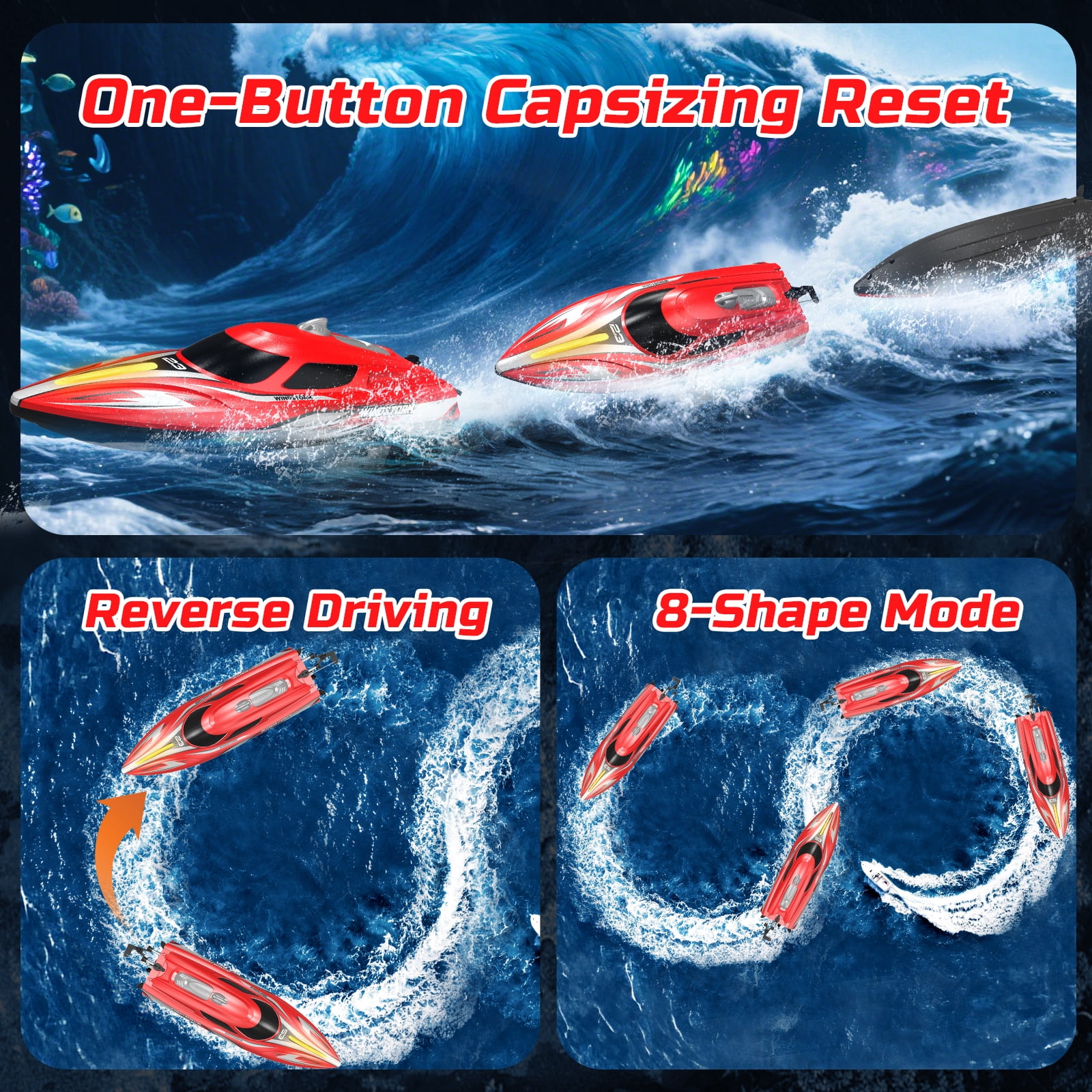 JoyStone 20+ mph RC Boat for Pool & Lakes, 14 inch Remote Control Boat with LED Lights, 2 Batteries 40Mins, Pool Toys for Adults & Kids (Red)