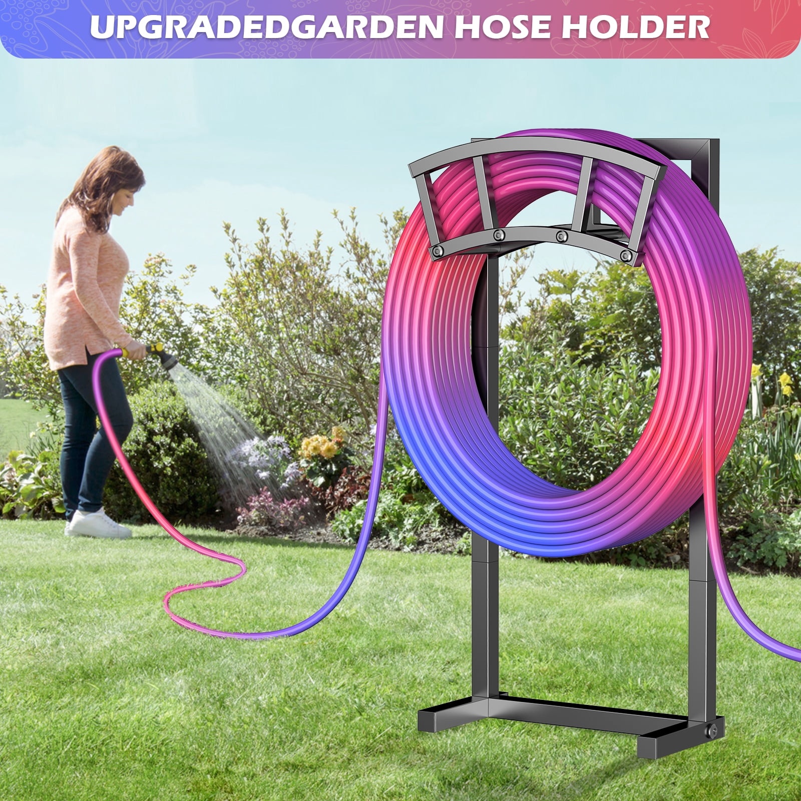 OLV Garden Hose Holder Freestanding Heavy Duty Water Hose Holder Reel,4 Spikes,Holds 150-ft Water Pipe,for Yard Lawn Farm