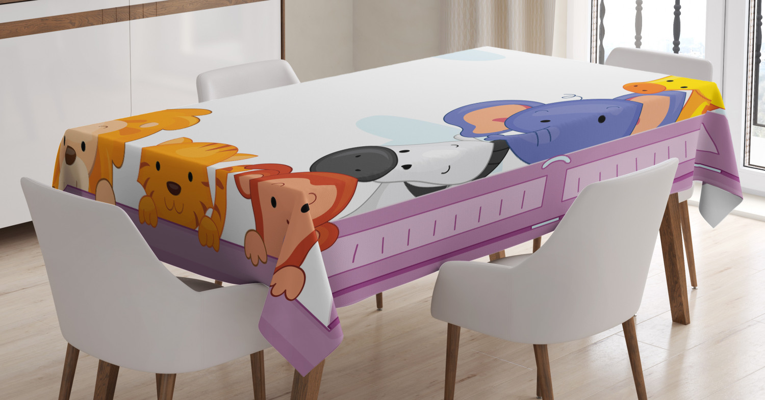 Zoo Tablecloth, Cute Colorful Animals Peeping at Pink Window Cartoon