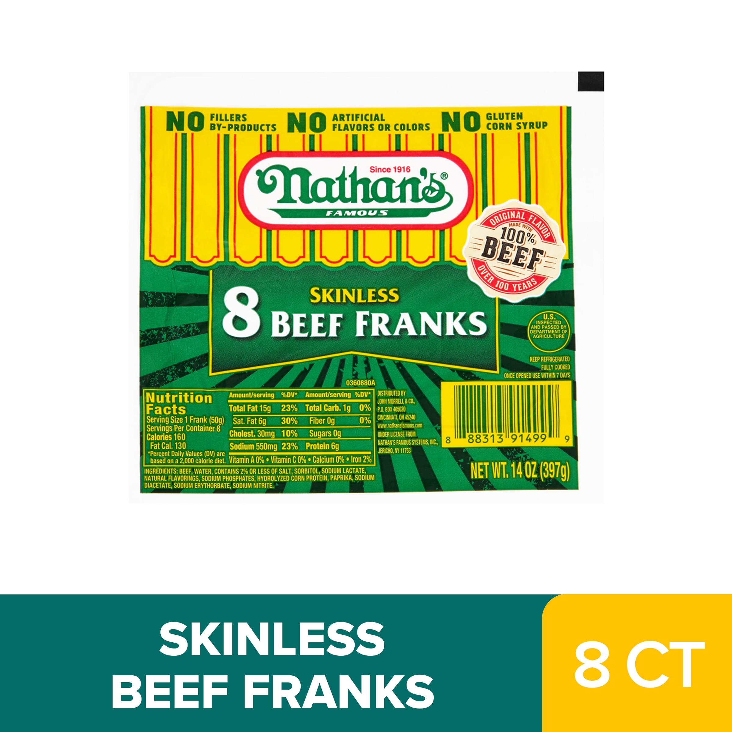 Nathan's Skinless Beef Hot Dogs, 12 oz