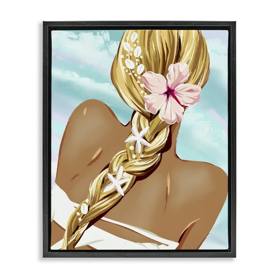 Stupell Industries Beachy Girl with Florals Novelty Painting Black Floater Framed Art Print Wall Art, 17 x 21