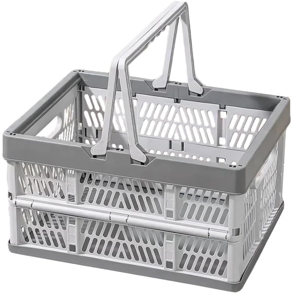 Collapsible Storage Crate with Handles, Milk Crates,33L Foldable Plastic Shopping Basket, Organizer Container for   Pinic (Light gray, Large)