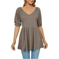 thumbnail image 2 of Sakmal Womens Summer Tops Brown Short Sleeve Solid V-Neck Tunic Womens Shirts Plus Size, 2 of 5