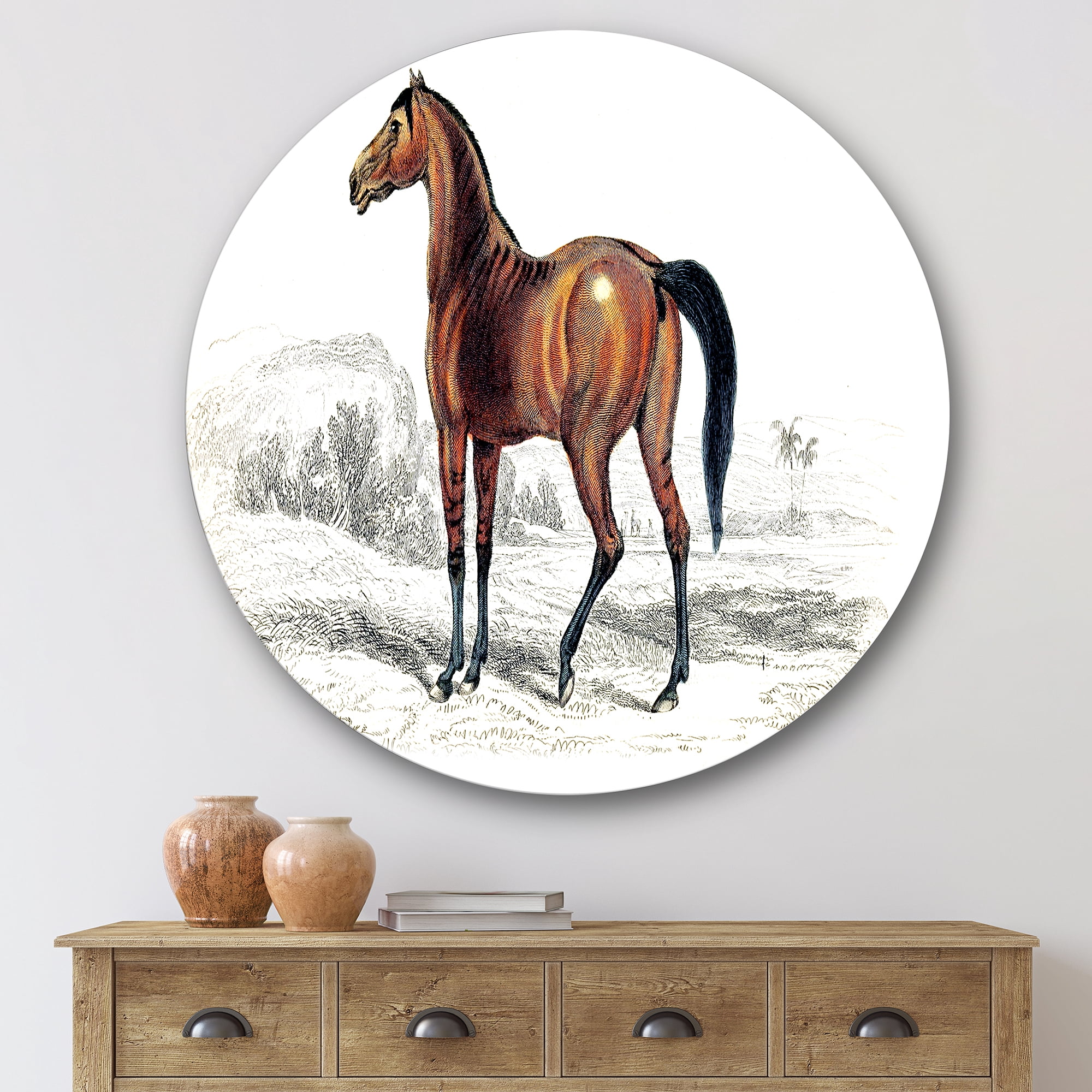 Designart 'Ancient Horse' Farmhouse Circle Metal Wall Art 36x36 - Disc of 36