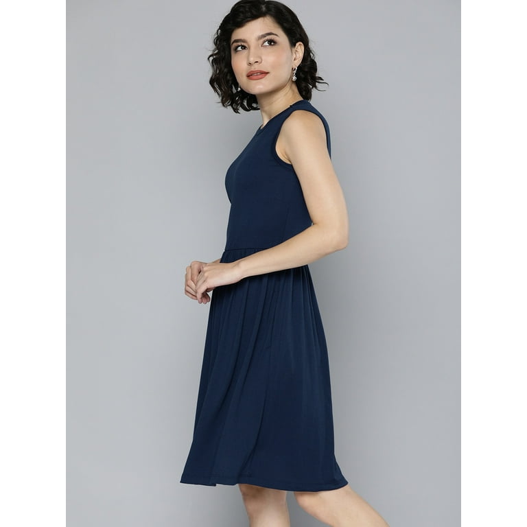 M&H Easy - By Myntra Women Navy Blue Solid Pleated Party Wear Dresses Fit  and Flare Sleevesless Knee Length Polyester Round Neck Ready to Wear Dress