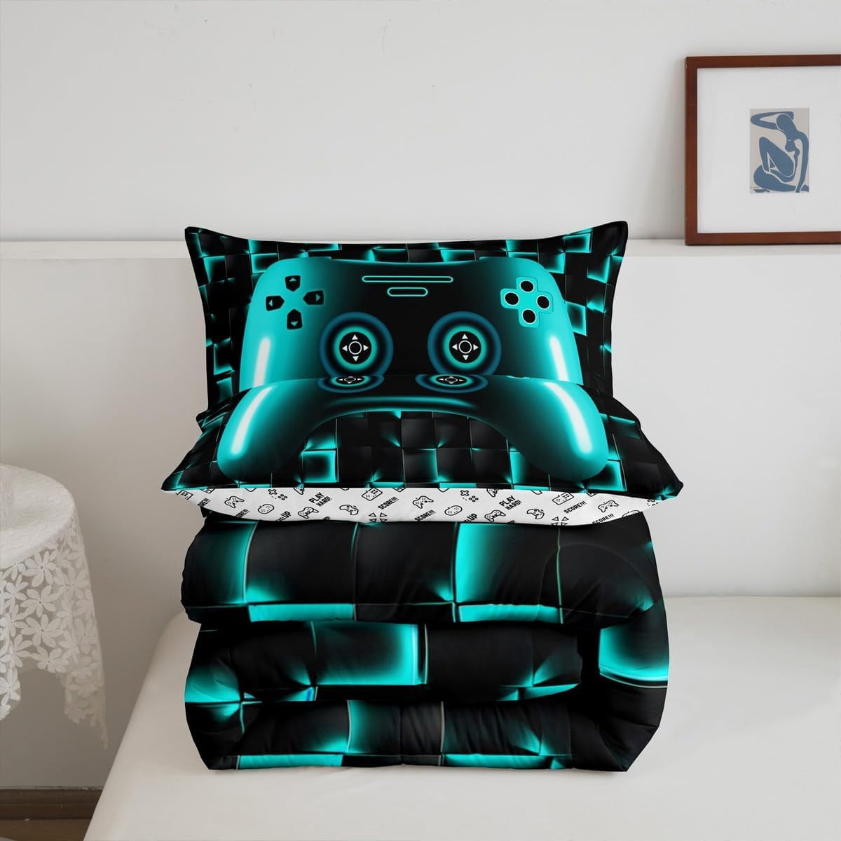 Erosebridal Gaming Twin Size Bedding Set Gamer Comforter Sets For Teen Game Controller Bedroom Decor,Neon Teal Glowing Geometric Grid Bedding,Black Abstract Check Square Comforter