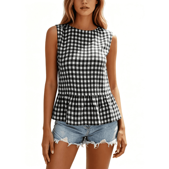 Busydd Womens Summer Tops Fashion Plaid Sleeveless Tank Tops Casual Round Neck Peplum Going Out Tops 2XL