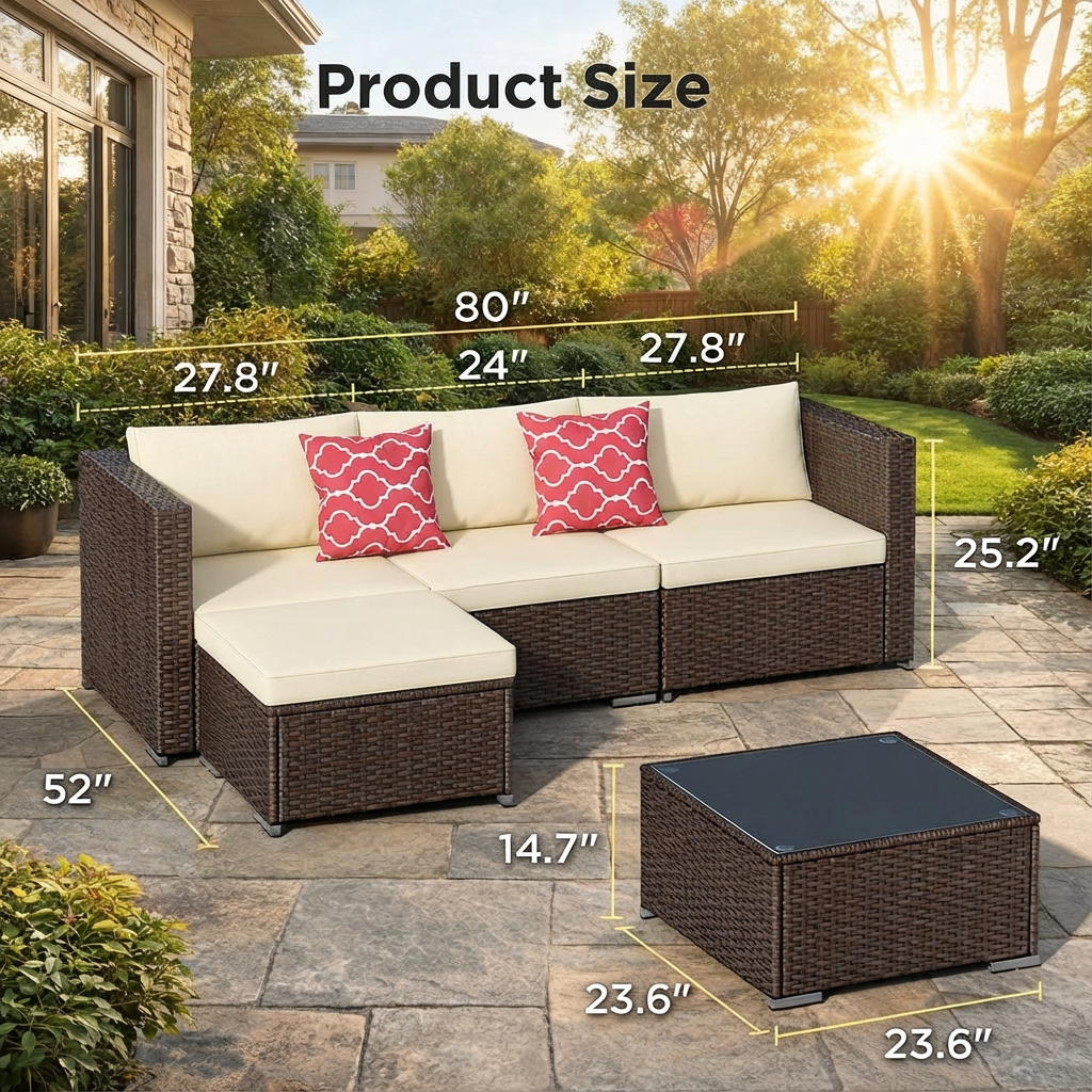 5 PCS Wicker Patio Furniture Set, PE Rattan Outdoor Sectional Sofa with Beige Cushions and Glass Coffee Table, for Backyard, Porch, Poolside & Garden - Brown Rattan, Beige Cushion