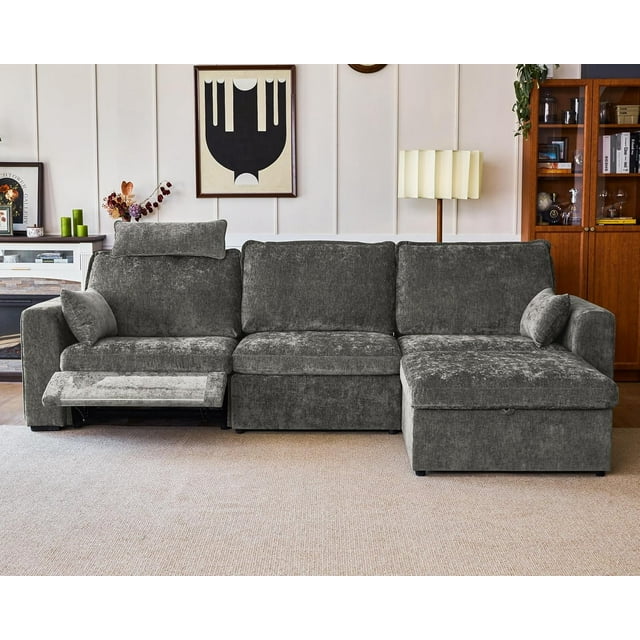 BEDEEP Canapé Inclinable Électrique 125 Pieds' avec Appui-Tête, Canapé Sectionnel en Chenille avec Rangement Ottoman Chaise Longue, Canapé Convertible 4 Places pour Salon RV, Gris