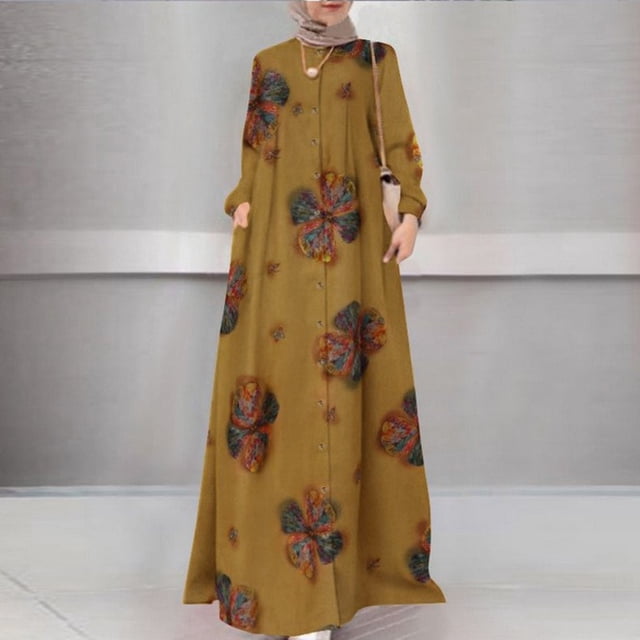 WILLBEST Robe Décontractée Abaya à Manches Longues pour Femmes, Style Ranch, Boutonnée, Tenues Dubai
