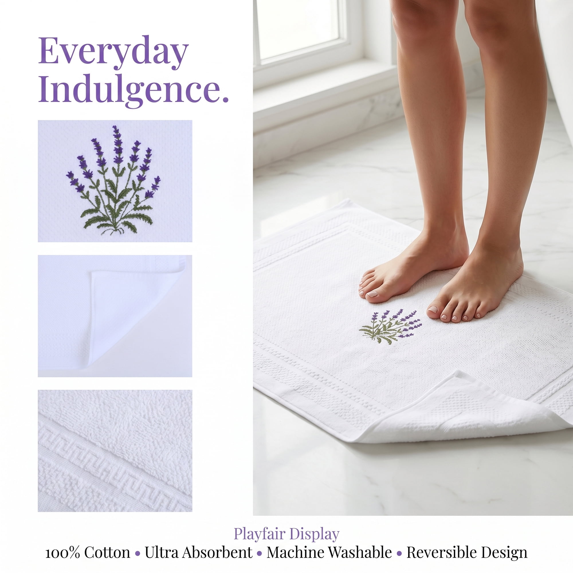 Unique Bargains Cotton Bathroom Absorbent Lavender Embroidered Washable Mat White 24"x16"