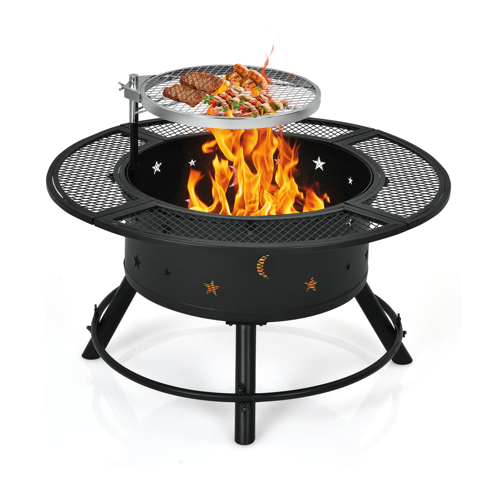 Topbuy 2-in-1 Fire Pit with Cooking Grate 32 Inch Outdoor Wood Burning  Firepit Bowl with Swivel BBQ Grill