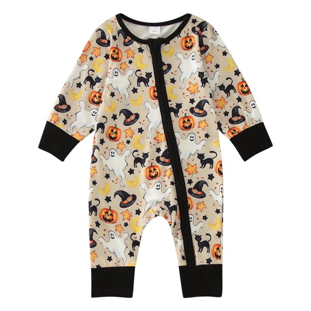 Gibobby Mono Ajustado de Verano con estampado de calabaza de animados de Halloween de manga larga para niños y niñas, mono para recién nacidos, ropa(Amarillo, 6-12 Meses)