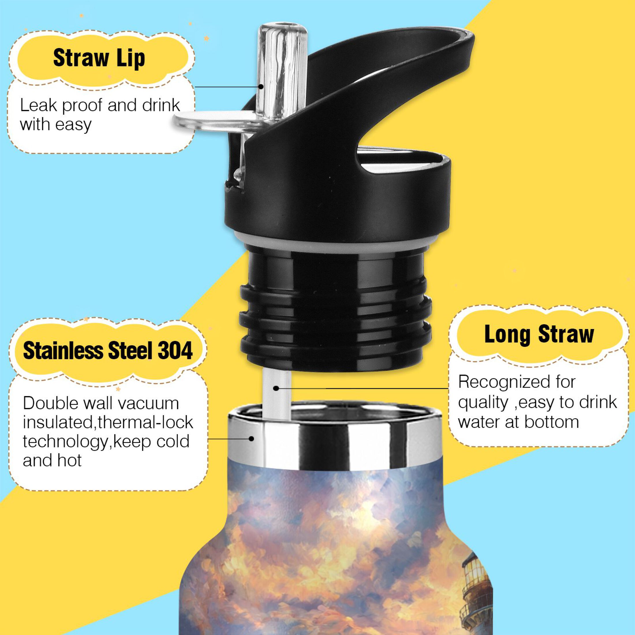 600ML Stainless Steel Insulated Cup Sports Water Bottle Portable Thermos Cup Water Glasses Insulated Tumblers Convenient and Durable Lighthouse at Sea