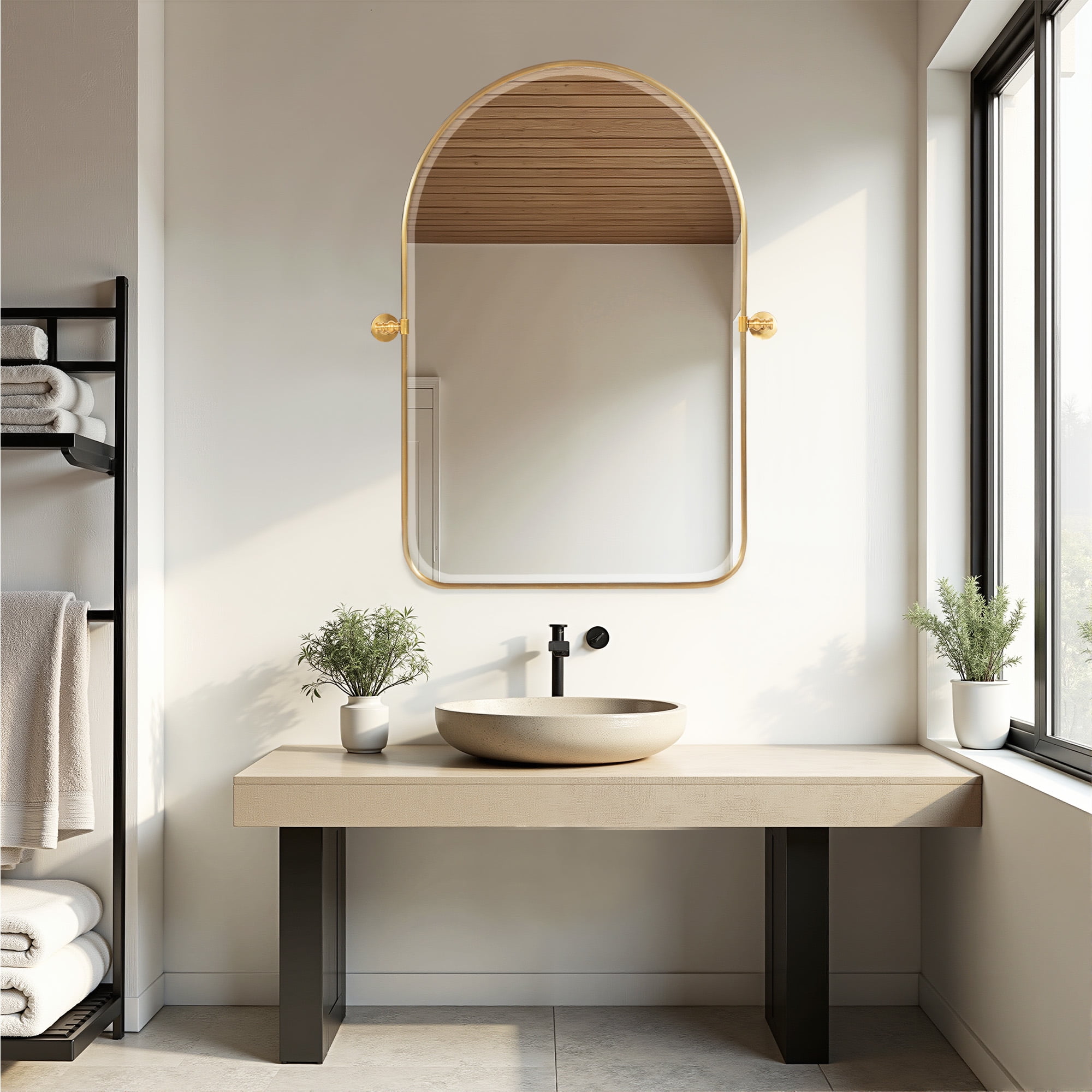 MAYEERTY 36×24in Modern Arched Aluminum Alloy Golden Framed Hanging Mirror, Wall-Mounted for Vanity & Sink, Swivel