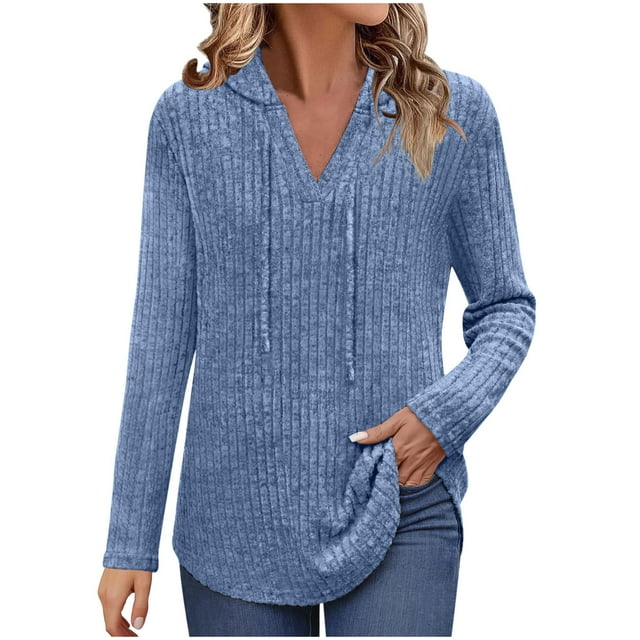 HongQid Chandails pour Femmes Col en V Manches Longues Chemises Mode Chandails à Capuchon Chandails Amples Décontractés Automne Hauts