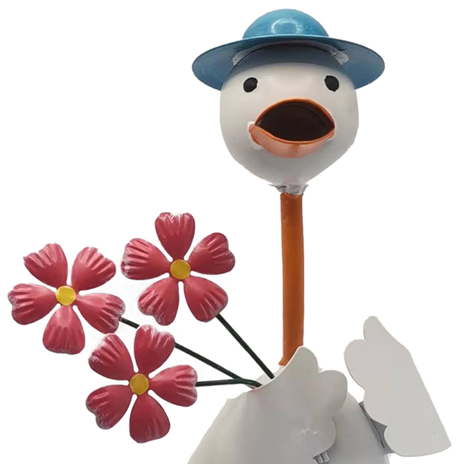 Baoblaze Duck Garden Statue Figurine Animal Garden Statue Ornament Funny Sculpture for Indoor ,Outdoor ,Fence ,Garden, Decor Red Flowers