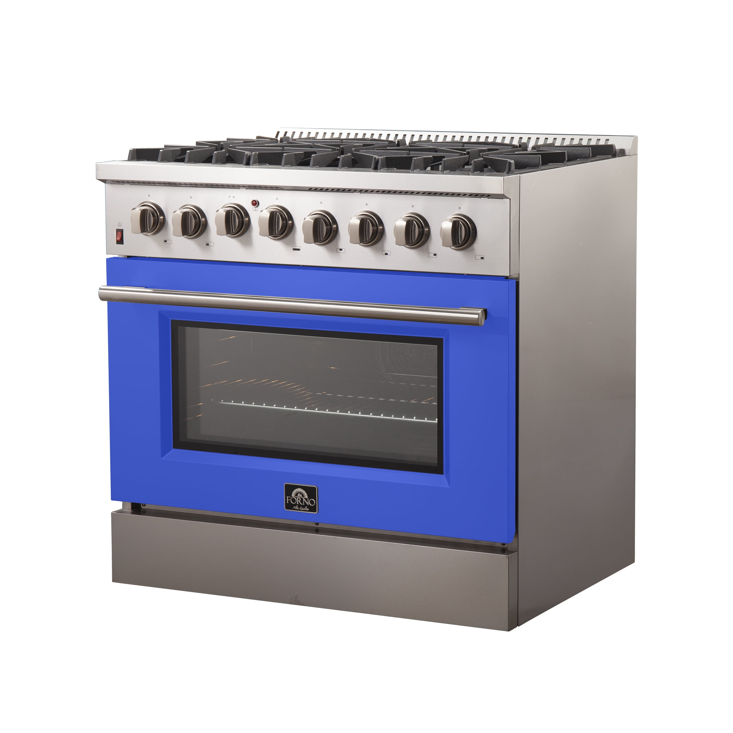 Forno Galiano 36-Inch Freestanding Dual Fuel Range, 6 Burners, Double Convection Ovens, Blue Door