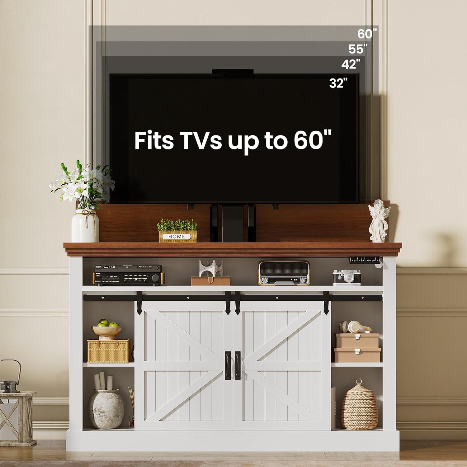 Motorized TV Lift Cabinet for 55-60” TVs, Farmhouse TV Stand, Entertainment Center with Storage Cabinets & Sliding Barn Doors, TV Media Console Table with Charging Station for Living Room, White