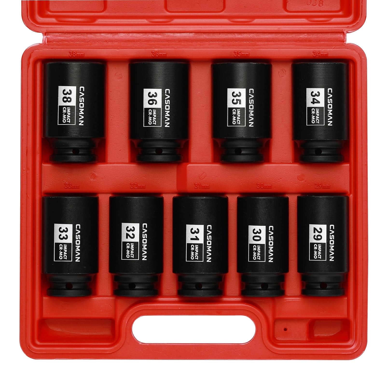 WULAZMU 9-Piece 1/2" Drive Deep Impact Socket Set - 29-38mm, 6-Point, CR-MO Steel, For Axle Nuts With Storage Case