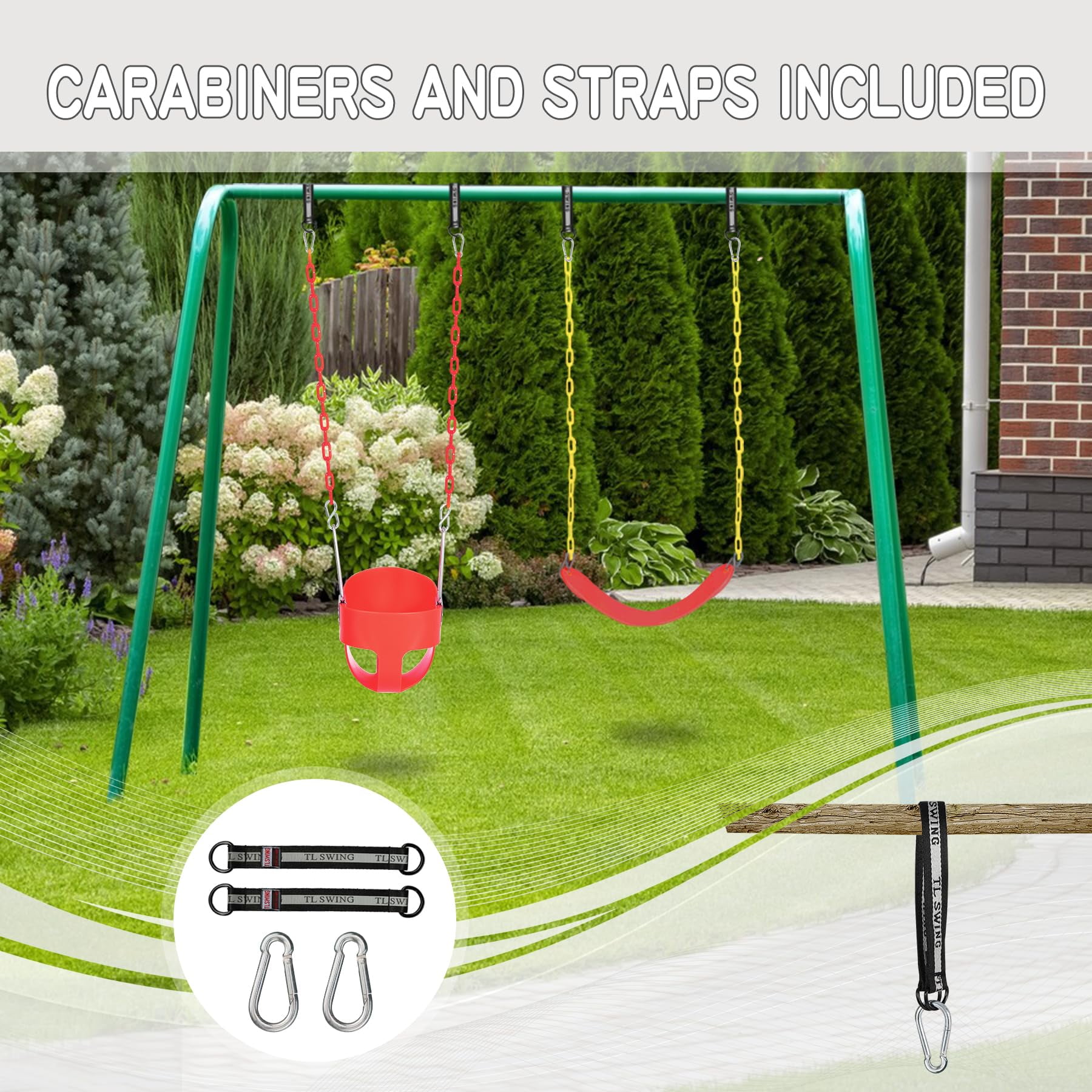 Toddler Swing Seat with Coated Chains, Heavy Duty Kids High Back Bucket Swings with Tree Straps and Hooks for Outdoor, Playground, Backyard, Swing Set Accessories by Domaker, Red