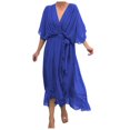 thumbnail image 1 of Women's Summer Bohemian Wrap V Neck Ruffle Cap Sleeve Belted A Line Midi Sun Dress, 1 of 4