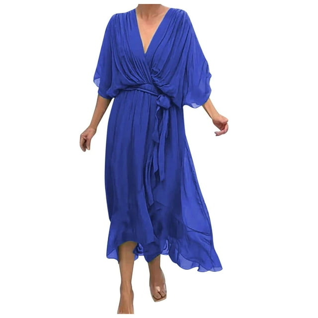 Women's Summer Bohemian Wrap V Neck Ruffle Cap Sleeve Belted A Line Midi Sun Dress