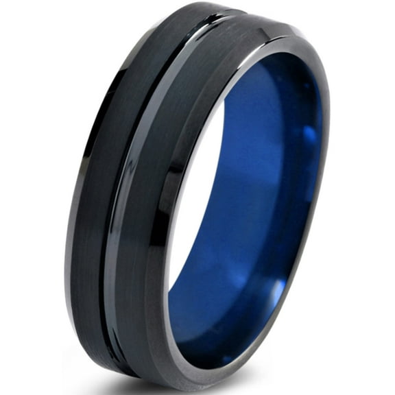 P. Manoukian Tungsten Wedding Band Ring 6mm for Men Women Blue Black Beveled Edge Brushed Polished Lifetime Guarantee Size 4