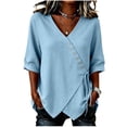 thumbnail image 2 of Qulqfy Cotton Linen Womens Tops 3/4 Sleeve Solid Fall Casual Light Blue Tie Asymmetrical Hem Fashion Button V-Neck Shirts L, 2 of 6