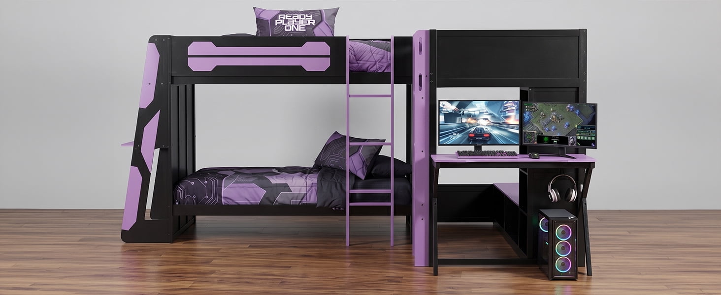 Mintazer L-Shaped Triple Twin Gaming Bunk Bed with 2 Gaming Desks & RGB LED Lights, Triple Bed Frame with USB Charging, TV Stand & Storage Shelves for Bedroom, Black & Red