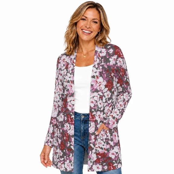 Women's Plus Size Burgundy Floral Cardigan, Long Sleeve Open Front Tunic with Pockets