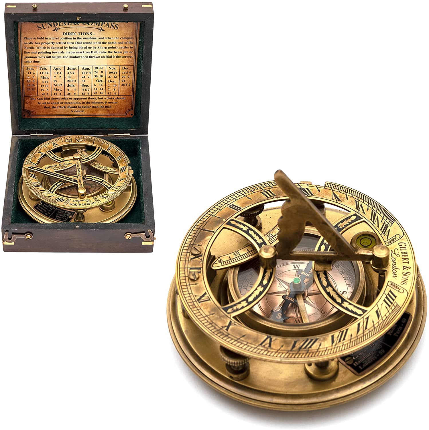 Brass Antique Vintage Compass Sundial Wooden Box Compass With Camping & Hiking 