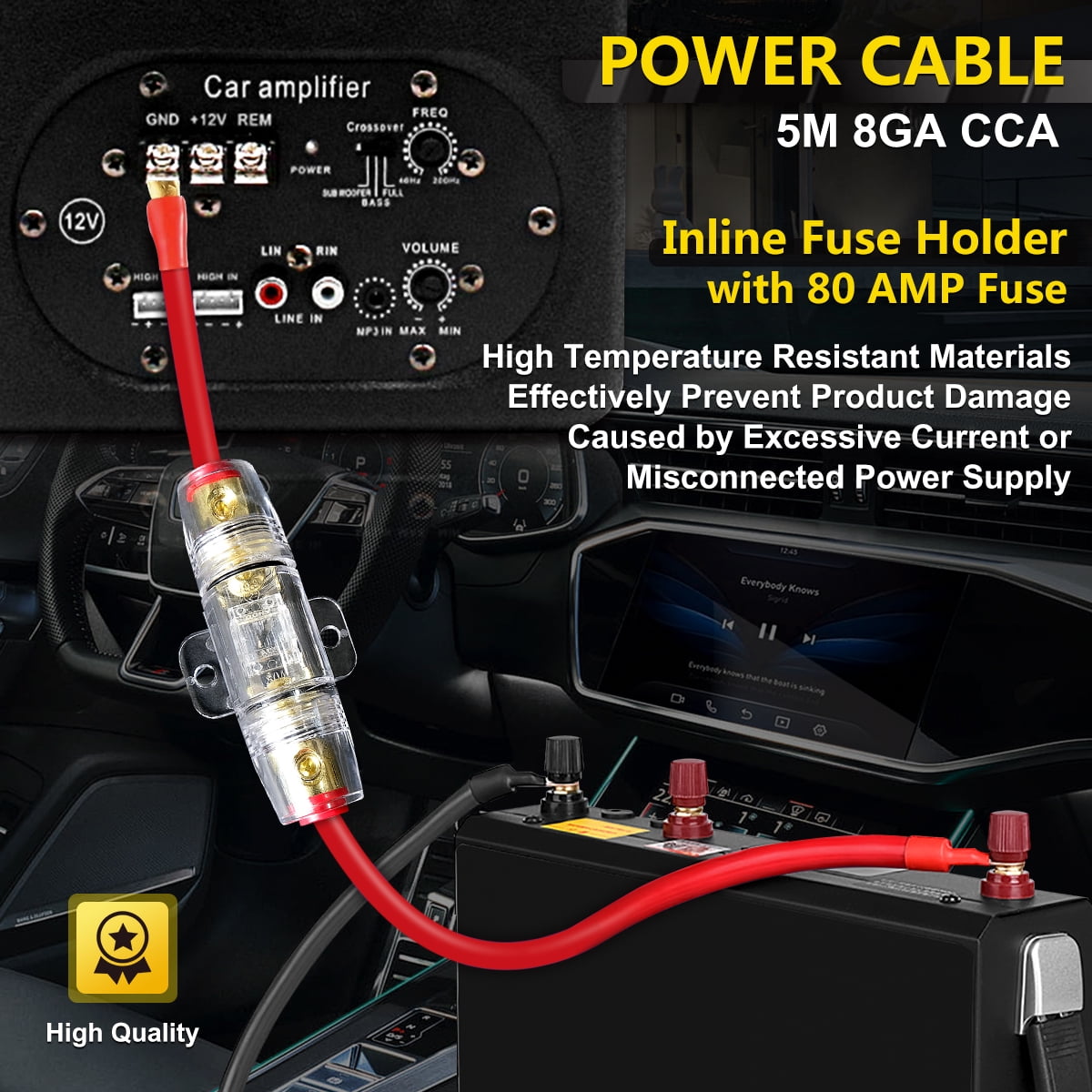8 Gauge AMP Wiring Kit, 8 AWG Amplifier Car Audio Install Kit, Car Subwoofer Cable, Connection for Subwoofer & Speaker, with Power Cable, Ground Cable, RCA Cable, Remote Cable, Fuse Holder, Terminals