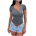 thumbnail image 2 of Fengqque Womens Summer Fashion Short Sleeve V Neck Waist-cinching Tight-fitting T Shirts Casual Tops Gray XL(XL), 2 of 5