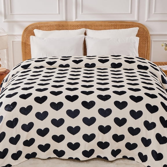 Heart Flannel Queen Blanket Soft Cozy Blankets for Lover Gifts All Season Use, 90x90 Inches, Black White
