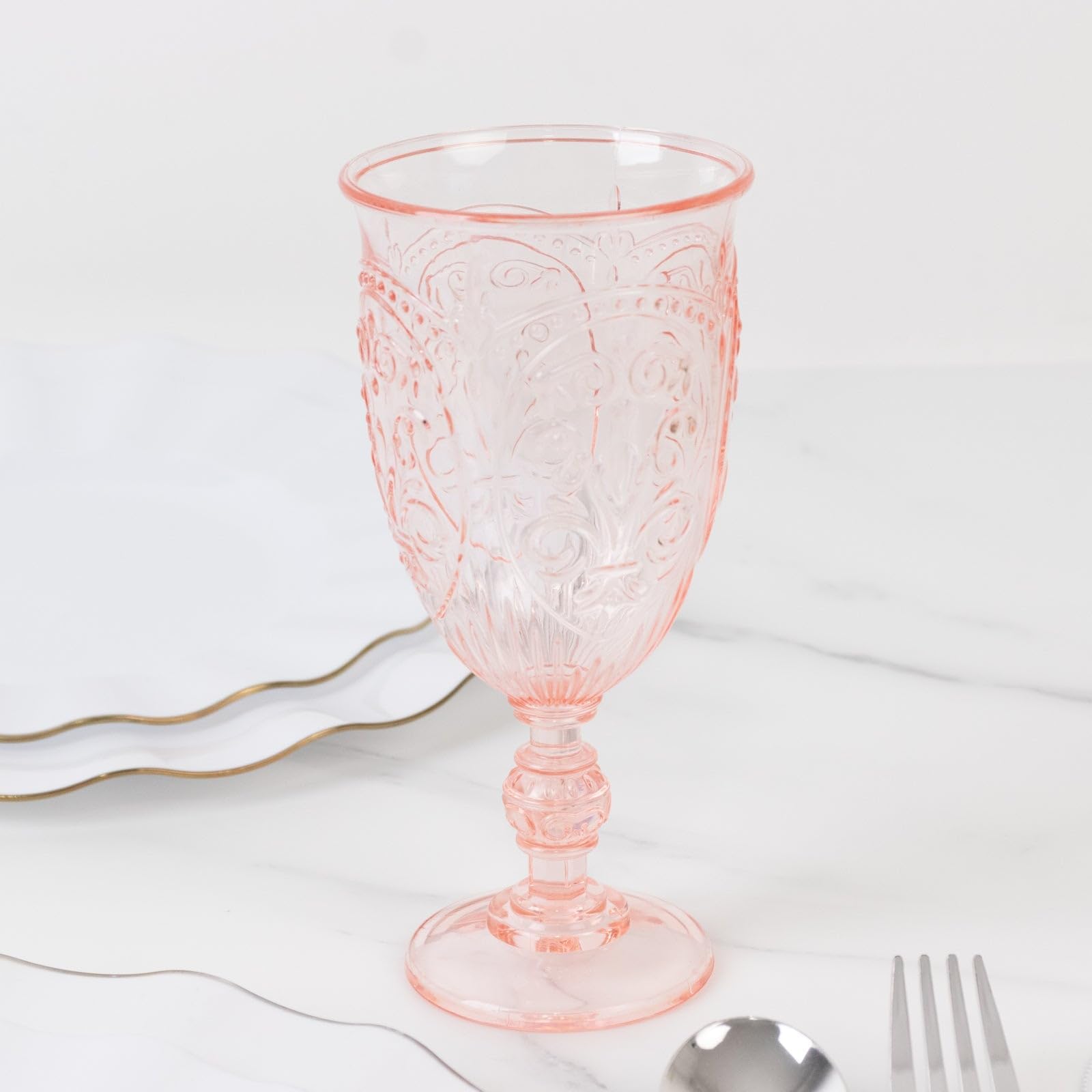 Efavormart 24-Pack Plastic Vintage Goblets – 10oz Transparent Blush Retro Embossed Wine Glasses, Elegant Water & Juice Cups - 7" Tall
