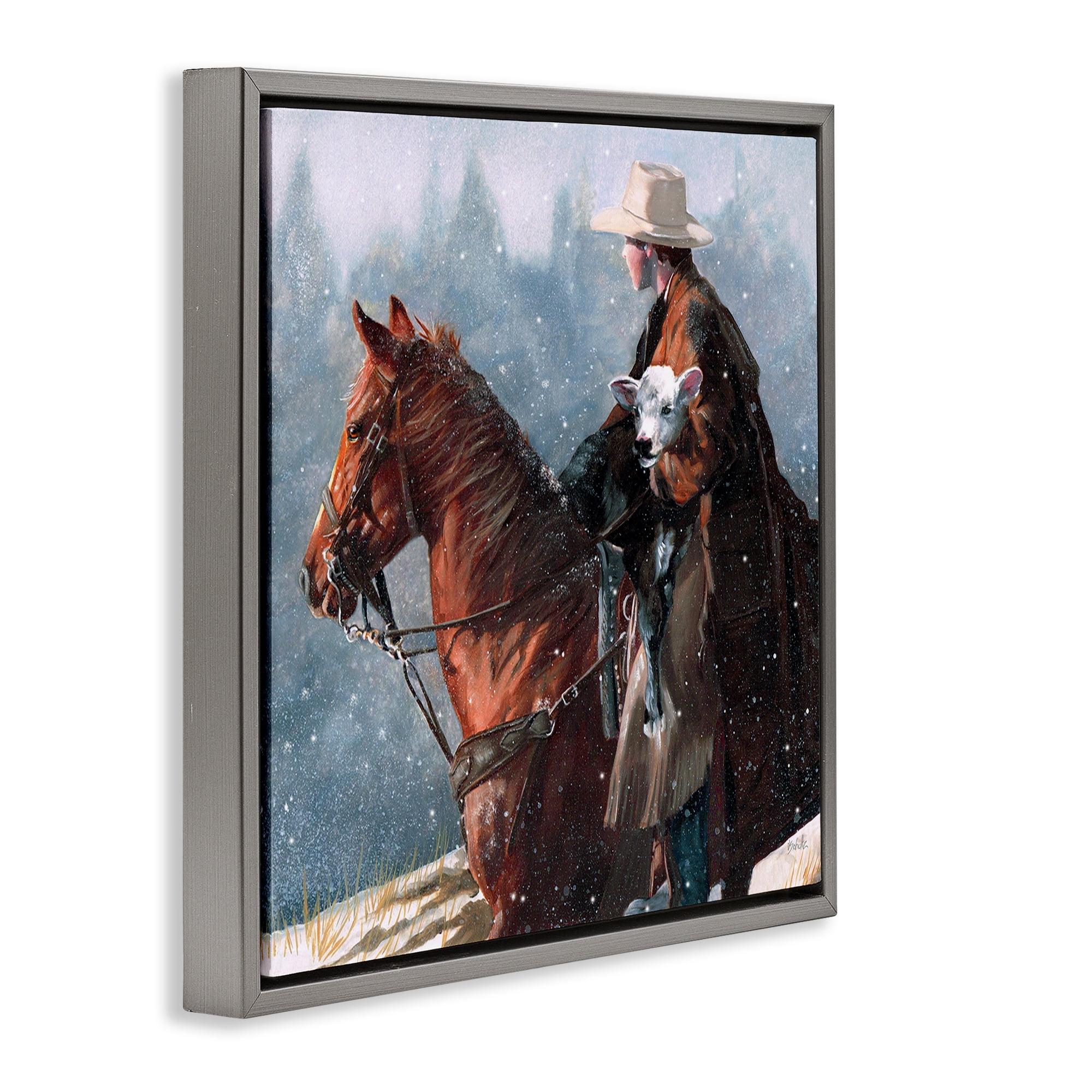 Stupell Industries Cowboy Snow Scene Animals & Insects Painting Gray Floater Framed Canvas Art Print Wall Art, 25 x 25