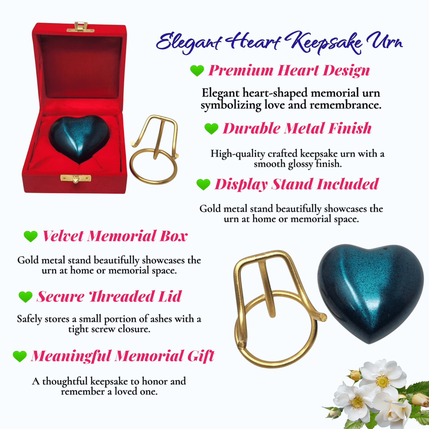 SMIURNS Heart-Shaped Keepsake Cremation Urn for Ashes - Custom Engraved Teal Blue Speckled Memorial Urn - Includes Gold Display Stand and Red Velvet Gift Box - Small Decorative Urn for Human or Pet