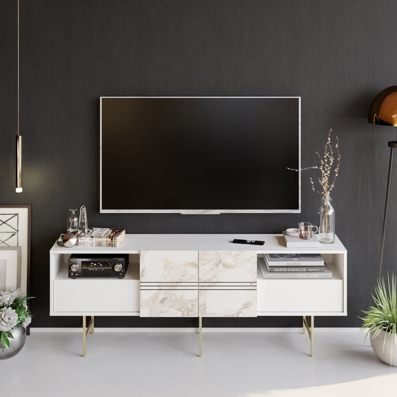 Derin 71" Modern Wood TV Stand for 75  inch TV with Metal Legs Marble White & Gold