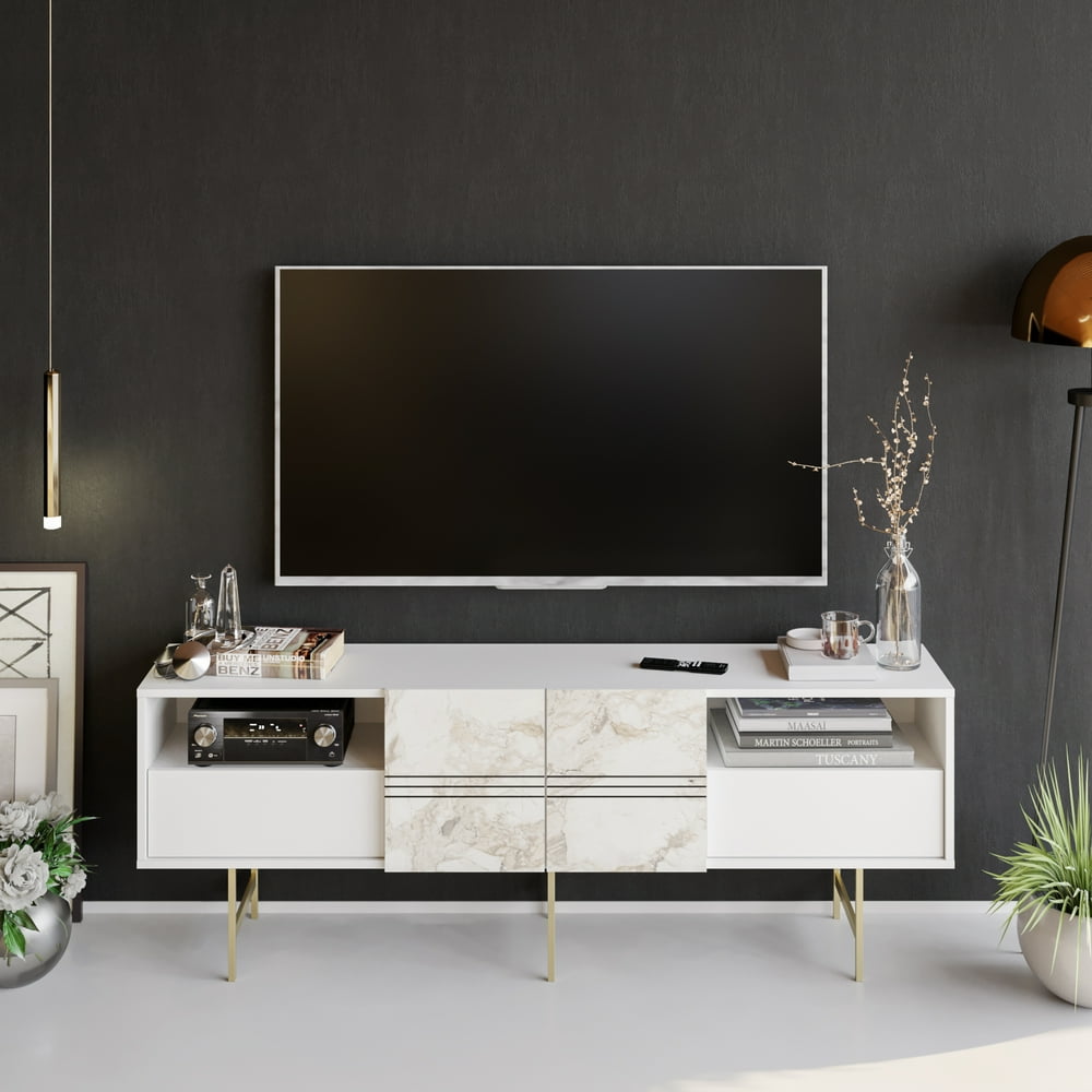 Derin 71” Modern Metal Wood TV Stand, Marble White & Gold, Melamine