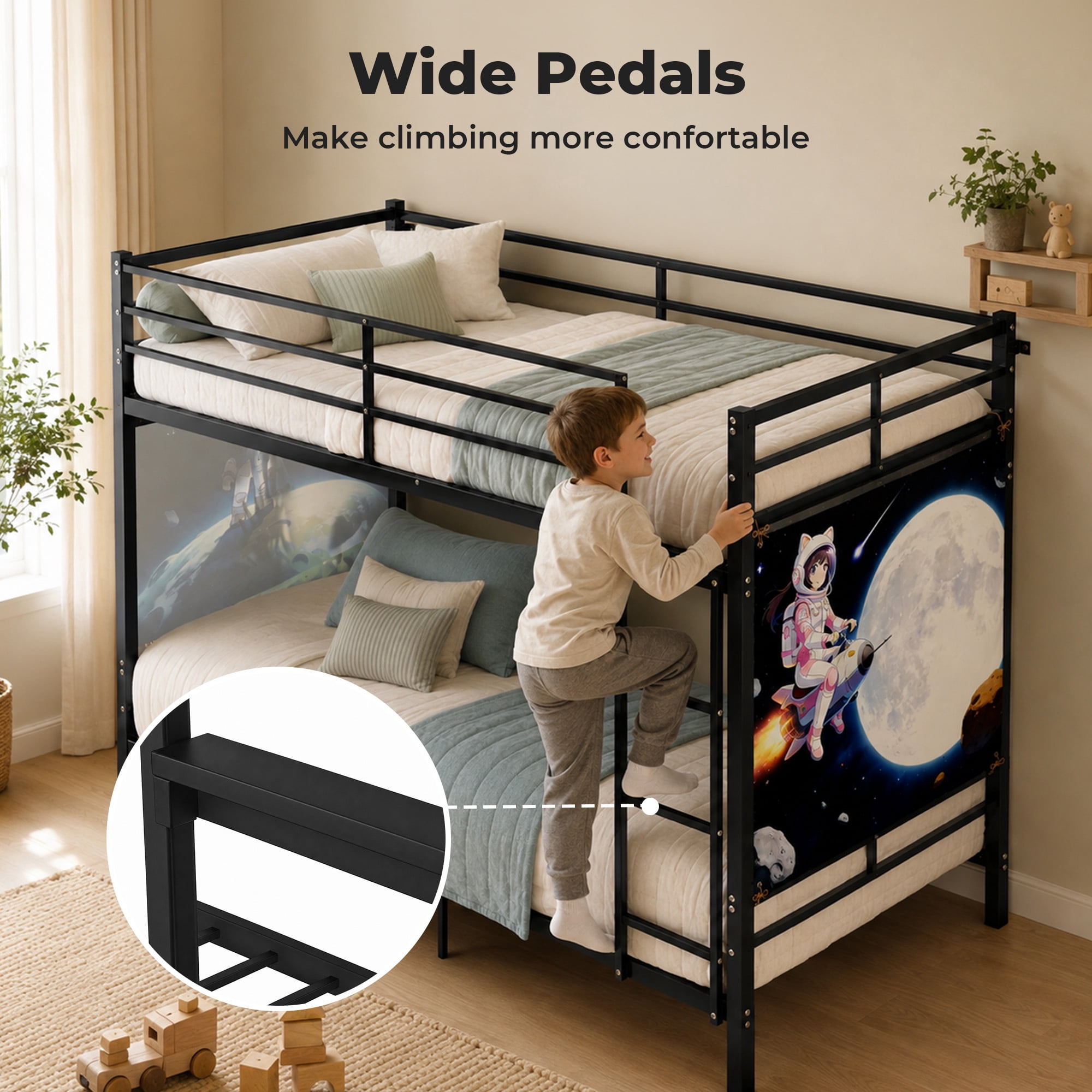 Alvantor Bunk Bed Twin over Twin, Metal Bunk Bed for Kids with Ladder and Wall Painting Black
