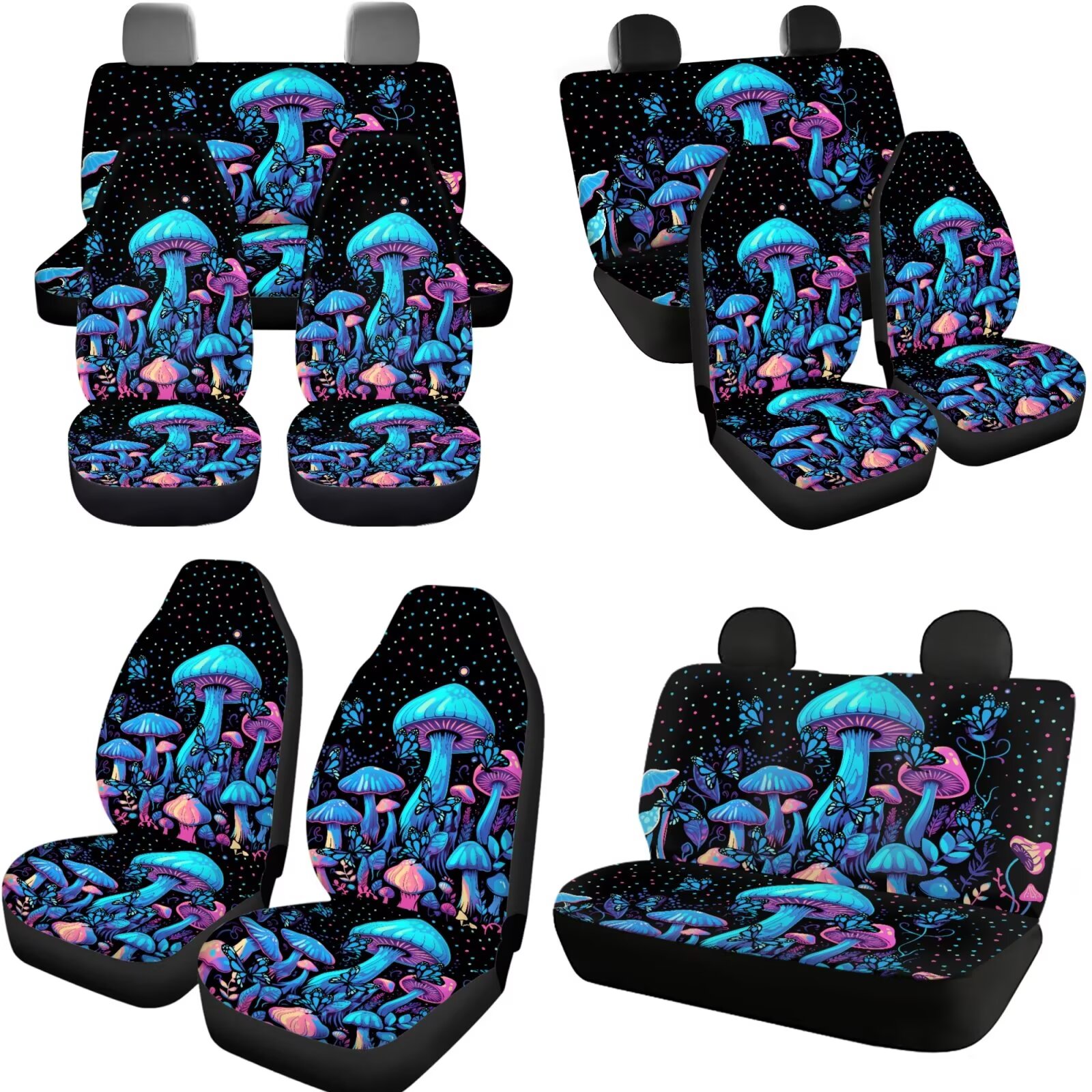 Garronmavis Blue Mushroom Car Seat Covers Full Set Breathable Auto Interior Protector with Cars Headrest Protectors+Wristlet Keychain+Auto Cup Coaster+Handbrake Gear+Shift Knob Cover