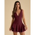 thumbnail image 5 of Maroon Women's Solid Color Deep V-Neck Ruffle Hem Sleeveless Dress,, 5 of 6