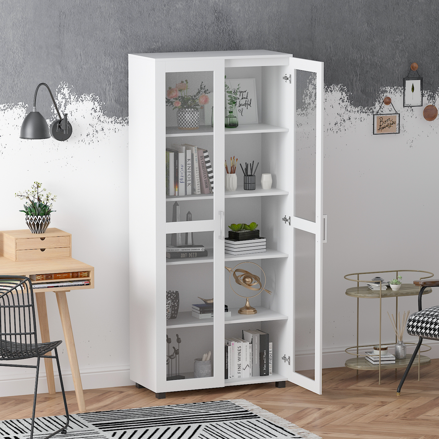 DiDuGo 2 Door Curio Modern Tall Storage Bookcase with Doors for