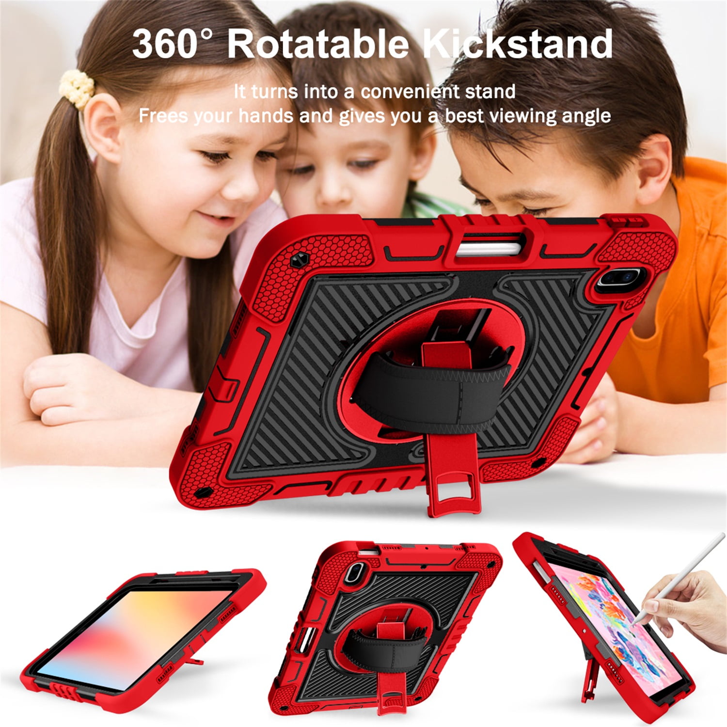 Tarise Case for Apple iPad 10th Generation 10.9 inch (2022), 360° Rotating Kickstand with Pencil Holder/ Hand Strap/ Shoulder Strap Hard PC Rugged Silicone Shockproof Bumper Stand Cover, Red+Black