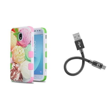 TUFF Hybrid Protective Phone Cover Case (Ice Cream Scoops) with Short Nylon Braided USB-A to Micro USB Cable (4 inches) and Atom Cloth for Samsung Galaxy Express Prime 3 (J337A)