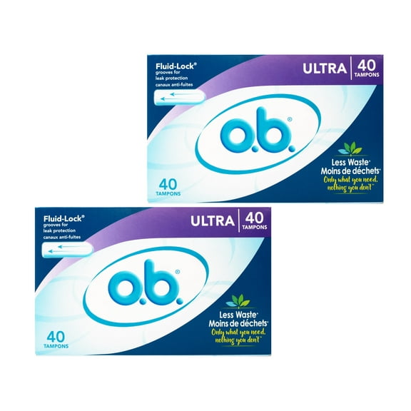 o.b. Tampons No Applicator, Unscented - 40ct, Applicator-Free Tampons Ultra, Feminine Care, ob Tampon Ultra, Period Products - 2 Pack