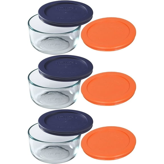 Pyrex 7200 2-Cup Glass Food Storage Bowls with 7200-PC (1) Blue and (1) Orange Plastic Lid