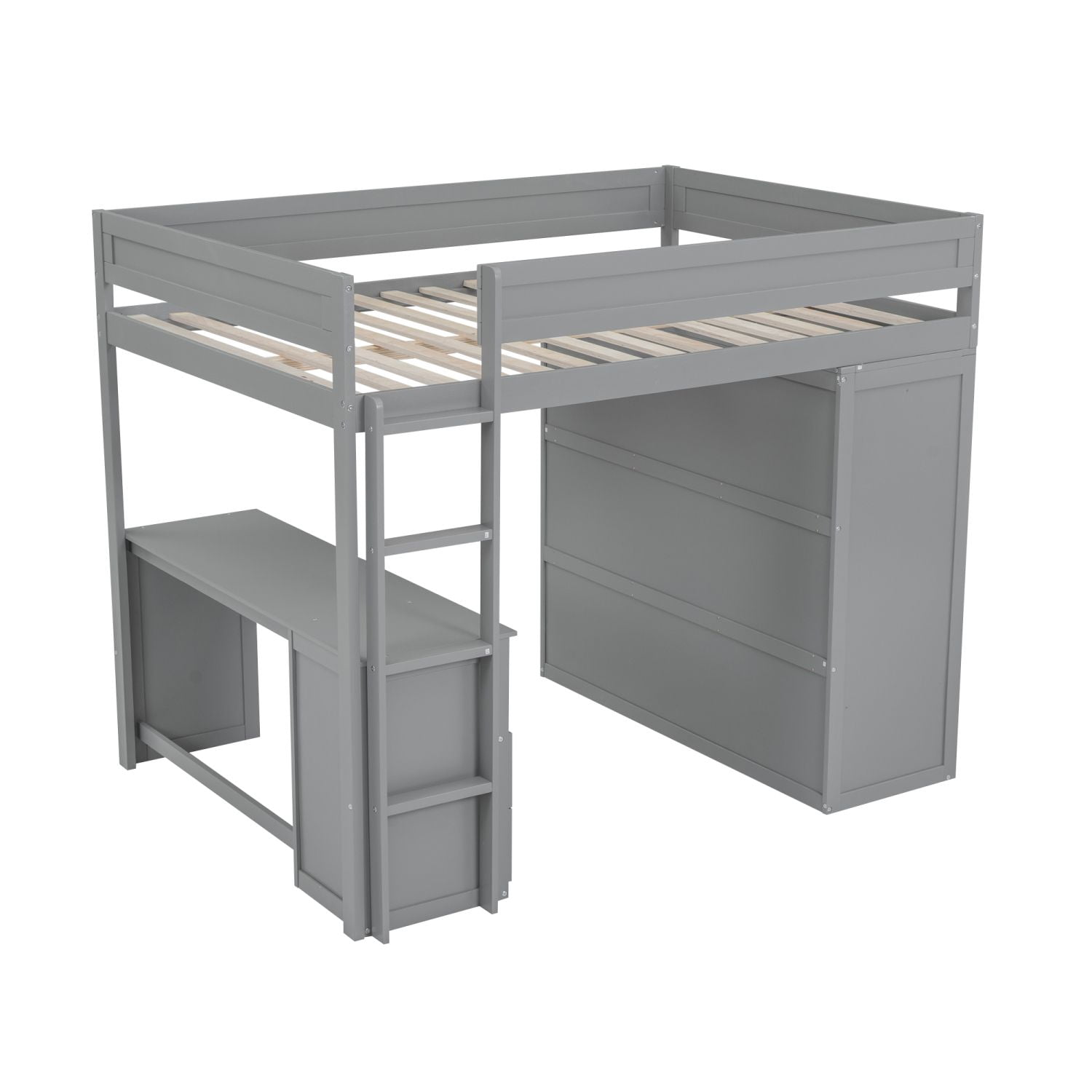 Asteroutdoor Wood Full Size Loft Bed with Wardrobes, 2-Drawer Desk, and Cabinet, Gray, 78.4 in L x 56 in W x 65 in H