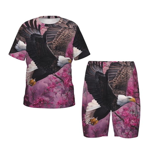 Fotbe Flower Bald Eagle Pijama Estampada de 2 Piezas para Niños – Ropa de Dormir de Manga Corta Cómoda para Niños y Niñas, Camiseta y Shorts de Algodón-X-Large